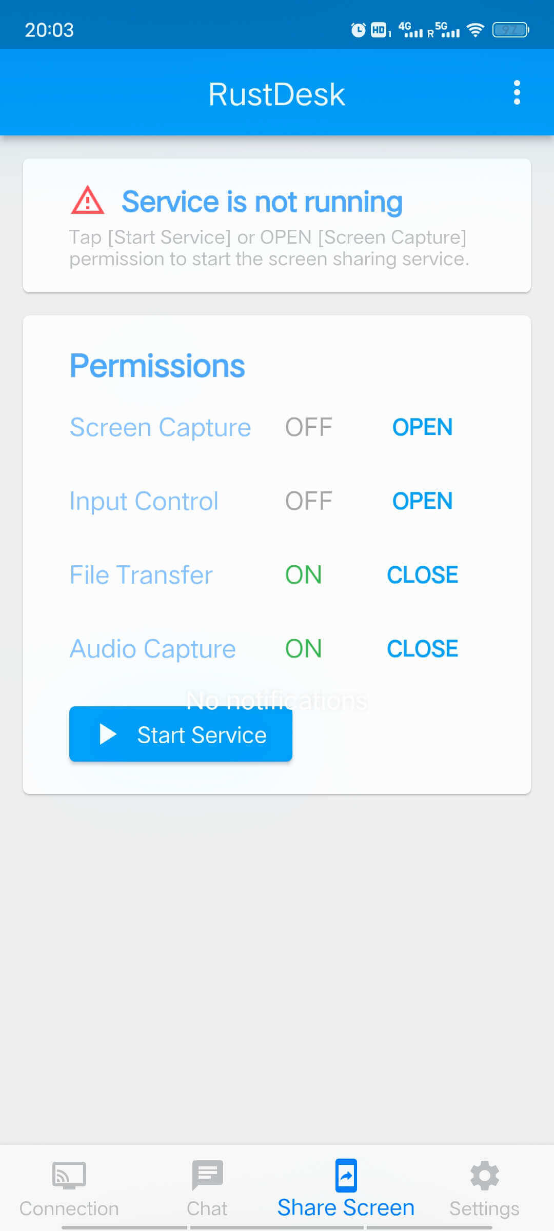 Exemple officiel RustDesk : onglet Share Screen avec les autorisations et le bouton Start Service